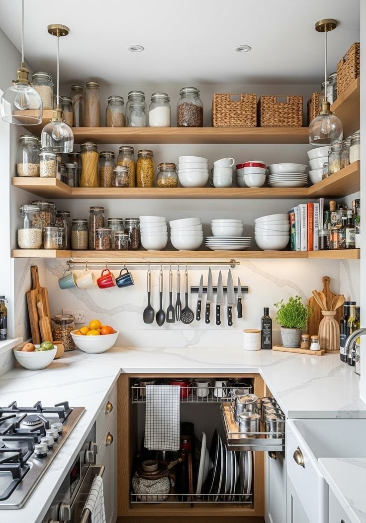 Cozinha organizada com potes, tigelas, utensílios e panelas nas prateleiras